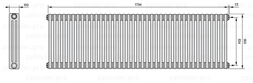Схема (чертеж) Радиатор Zehnder Charleston 3090/39 №7610 Белый глянцевый RAL 9016